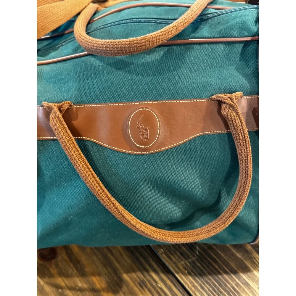 Polo Ralph Lauren Rolling Duffel Bag Green Canvas Leather Trim 24x13x11 Travel